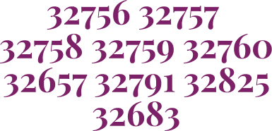 Eine Sammlung von Nummern in lila Schrift, die auf schwarzem Hintergrund angeordnet sind. Die Nummern sind 32756, 32757, 32758, 32759, 32760, 32657, 32791, 32825, 32683.